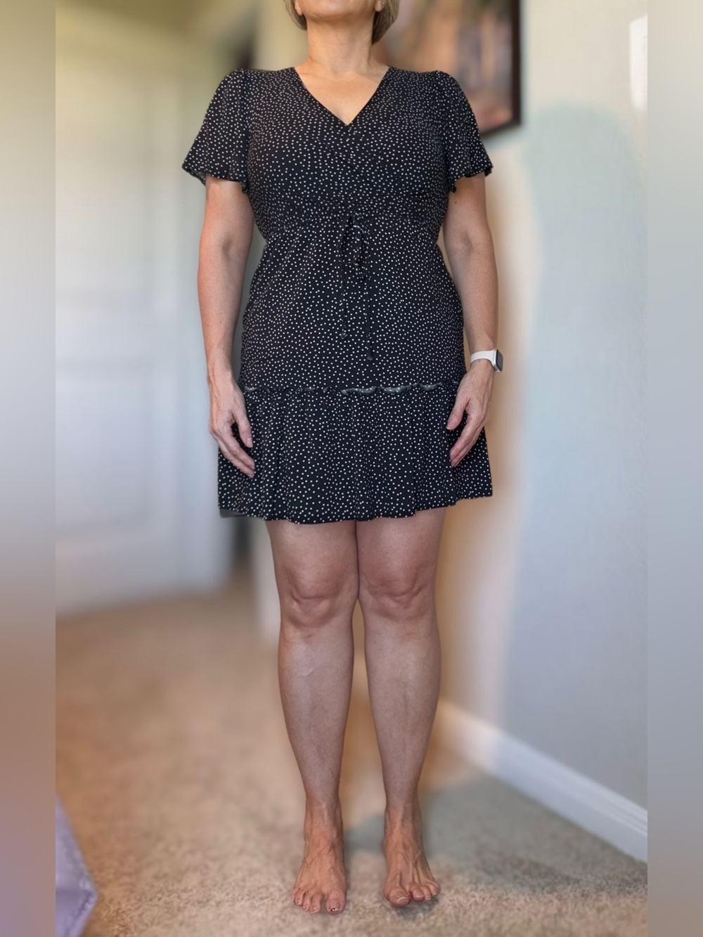 ANDREE BY UNIT Black Mini Dress with White Polka Dot Print